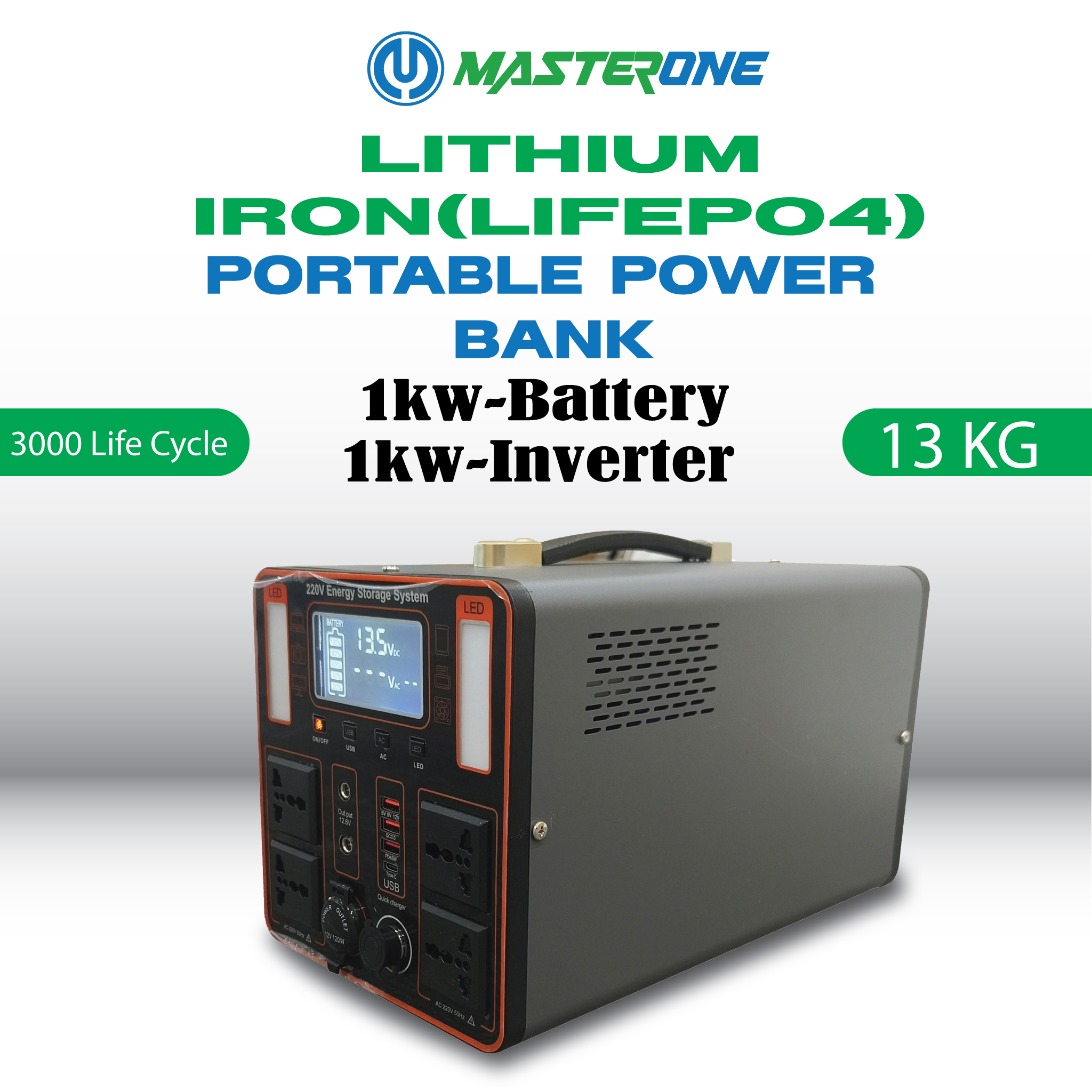 Portable Power Bank ( 1KW Battery + 1KW Inverter) 220 V - MasterOne